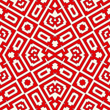 Simetrik geometrik süsleme ile dikişsiz desen. Kırmızı renk soyut arka plan.
