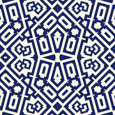 Simetrik geometrik süsleme ile Seamless modeli. Donanma renk arka plan.