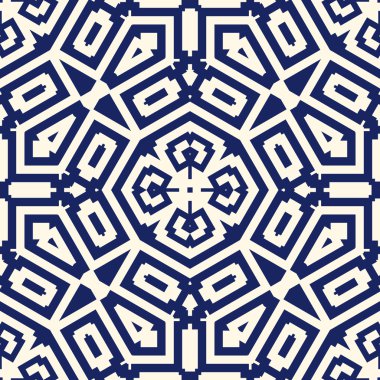 Simetrik geometrik süsleme ile Seamless modeli. Donanma renk arka plan.