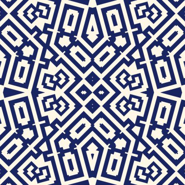 Simetrik geometrik süsleme ile Seamless modeli. Donanma renk arka plan.