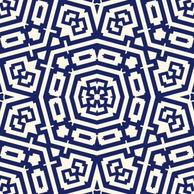 Simetrik geometrik süsleme ile Seamless modeli. Donanma renk arka plan.