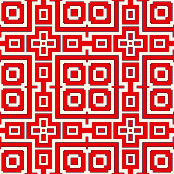 Sömlöst mönster med symmetrisk geometrisk prydnad. Röd färg abstrakt bakgrund. — Stock vektor