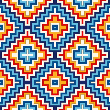 Simetrik geometrik süsleme ile parlak seamless modeli. Renkli arka plan. Etnik ve kabile motifleri.