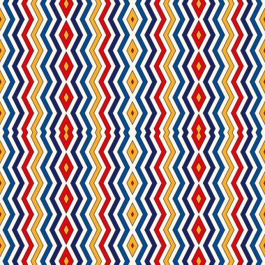 Simetrik geometrik süsleme ile dikişsiz desen. Chevron zikzak parlak renkler dikey çizgiler soyut arka plan.