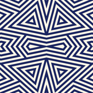 Simetrik geometrik süsleme ile Seamless modeli. Çizgili lacivert arka plan. Tekrarlanan üçgenler duvar kağıdı.