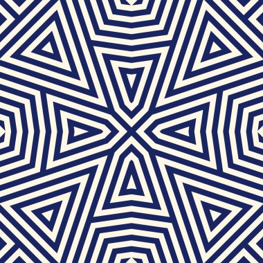 Simetrik geometrik süsleme ile Seamless modeli. Çizgili lacivert arka plan. Tekrarlanan üçgenler duvar kağıdı.