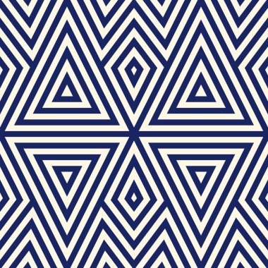 Simetrik geometrik süsleme ile Seamless modeli. Çizgili lacivert arka plan. Tekrarlanan üçgenler duvar kağıdı.
