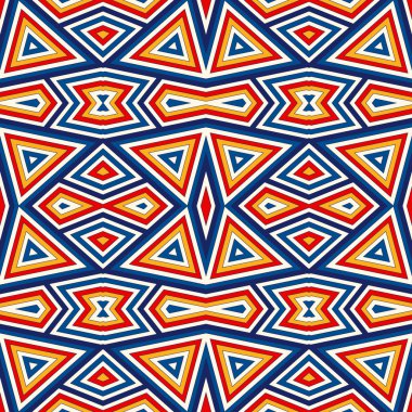 Simetrik geometrik süsleme ile parlak seamless modeli. Renkli arka plan. Etnik ve kabile motifleri.