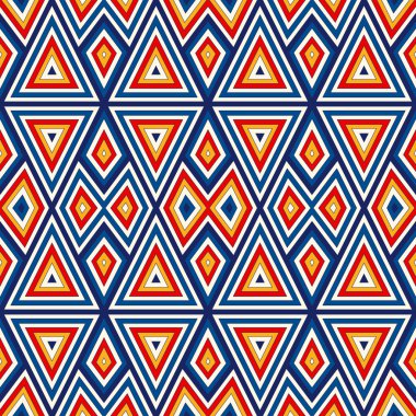 Simetrik geometrik süsleme ile parlak seamless modeli. Renkli arka plan. Etnik ve kabile motifleri.