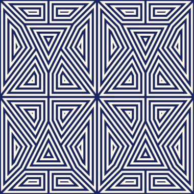 Simetrik geometrik süsleme ile Seamless modeli. Çizgili lacivert arka plan. Tekrarlanan üçgenler duvar kağıdı.