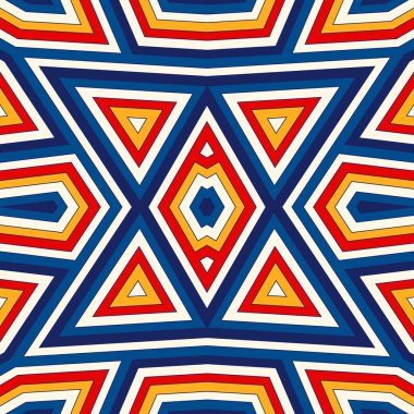 Simetrik geometrik süsleme ile parlak seamless modeli. Renkli arka plan. Etnik ve kabile motifleri.