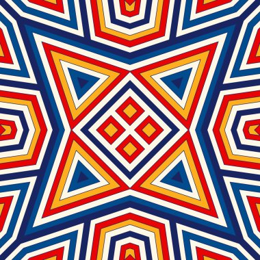 Simetrik geometrik süsleme ile parlak seamless modeli. Renkli arka plan. Etnik ve kabile motifleri.