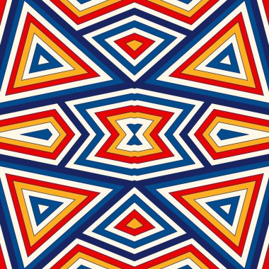 Simetrik geometrik süsleme ile parlak seamless modeli. Renkli arka plan. Etnik ve kabile motifleri.