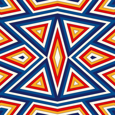Simetrik geometrik süsleme ile parlak seamless modeli. Renkli arka plan. Etnik ve kabile motifleri.