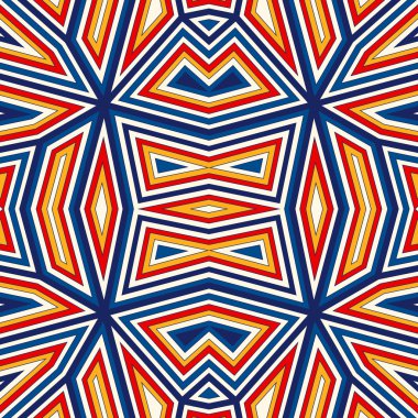 Simetrik geometrik süsleme ile parlak seamless modeli. Renkli arka plan. Etnik ve kabile motifleri.