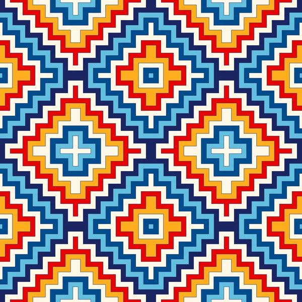 Patrón brillante sin costuras con adorno geométrico simétrico. Fondo abstracto colorido. Motivos étnicos y tribales . — Vector de stock