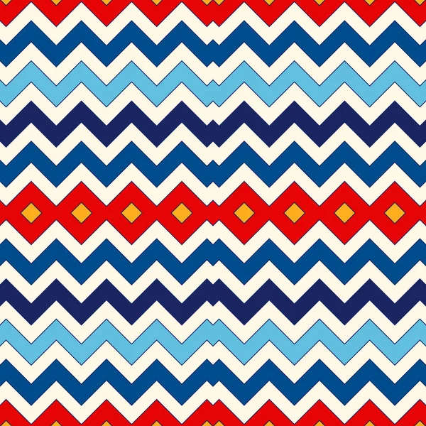 Nahtloses Muster mit symmetrischen geometrischen Ornamenten. Chevron Zickzack helle Farben horizontale Linien abstrakter Hintergrund. — Stockvektor