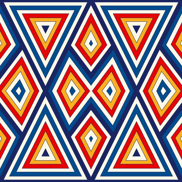 Helles, nahtloses Muster mit symmetrischen geometrischen Ornamenten. bunte abstrakte Hintergrund. Ethnische und Stammesmotive. — Stockvektor