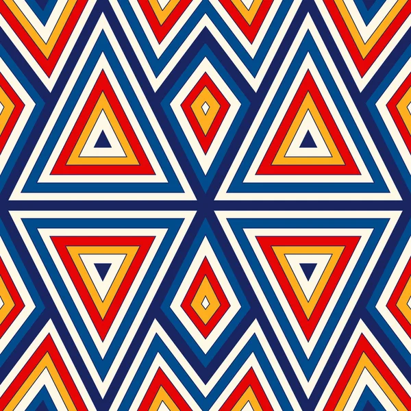 Яркий бесшовный узор с симметричным геометрическим орнаментом. Красочный абстрактный фон. Этнические и племенные мотивы . — стоковый вектор