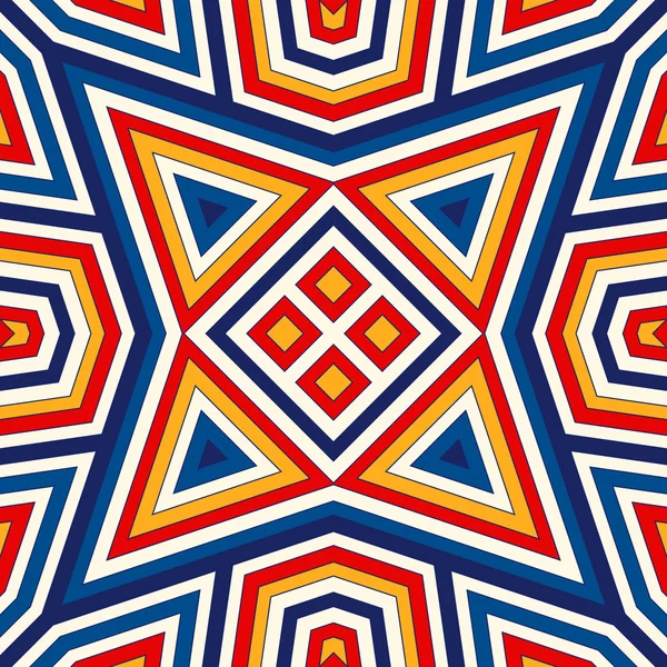 Яркий бесшовный узор с симметричным геометрическим орнаментом. Красочный абстрактный фон. Этнические и племенные мотивы . — стоковый вектор