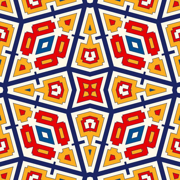 Seamless mönster med symmetriska geometriska prydnad. Ljusa abstrakt bakgrund. — Stock vektor