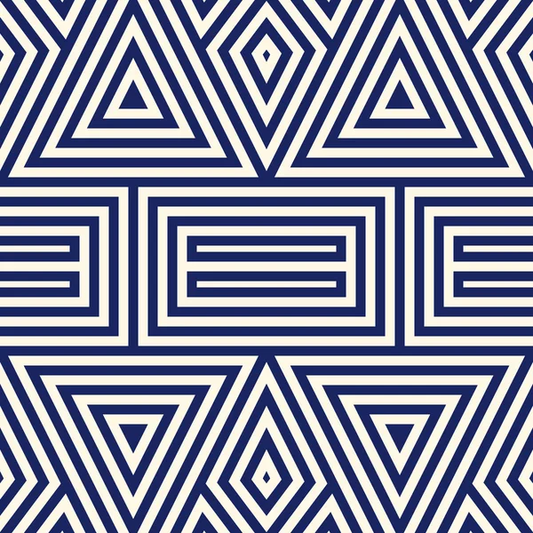 Simetrik geometrik süsleme ile Seamless modeli. Çizgili lacivert arka plan. Tekrarlanan üçgenler duvar kağıdı.