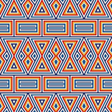 Simetrik geometrik süsleme ile parlak seamless modeli. Renkli arka plan. Etnik ve kabile motifleri.