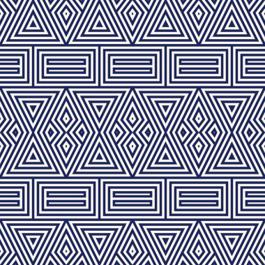 Simetrik geometrik süsleme ile Seamless modeli. Çizgili lacivert arka plan. Tekrarlanan üçgenler duvar kağıdı.