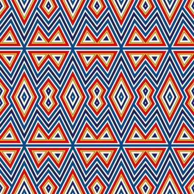 Simetrik geometrik süsleme ile parlak seamless modeli. Renkli arka plan. Etnik ve kabile motifleri.