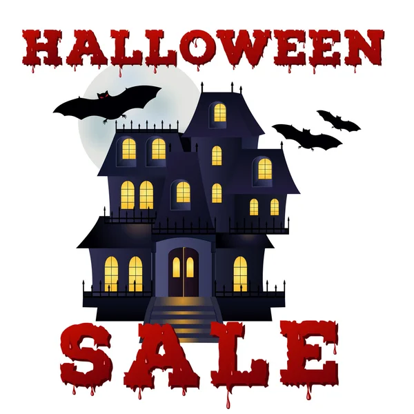 Plantilla de la venta de Halloween cartel con dibujos animados casa encantada y fuente sangrienta . — Vector de stock