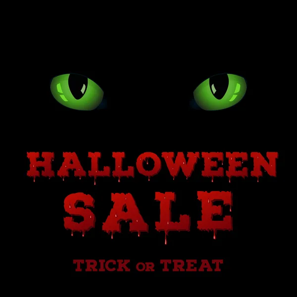 Diseño del volante con la inscripción de la venta de Halloween sobre fondo negro. Plantilla de póster con ojos de gato verde — Vector de stock