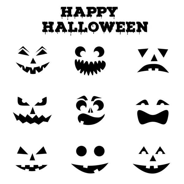 Halloween pumpkins topluluğu yüzler siluetleri oyulmuş. Siyah ve beyaz görüntüleri. Vektör çizim