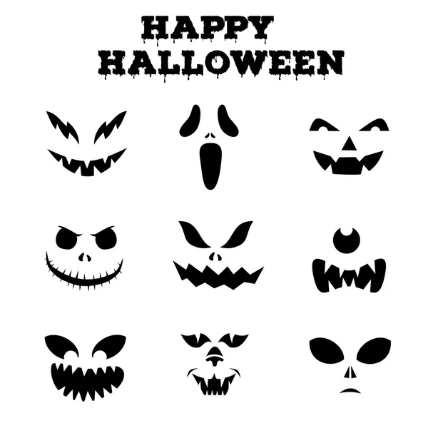 Halloween pumpkins topluluğu yüzler siluetleri oyulmuş. Siyah ve beyaz görüntüleri. Vektör çizim