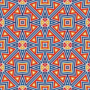 Simetrik geometrik süsleme ile parlak seamless modeli. Renkli arka plan. Etnik ve kabile motifleri.