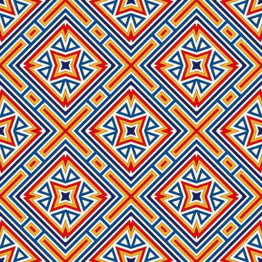 Simetrik geometrik süsleme ile parlak seamless modeli. Renkli arka plan. Etnik ve kabile motifleri.