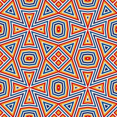 Simetrik geometrik süsleme ile parlak seamless modeli. Renkli arka plan. Etnik ve kabile motifleri.