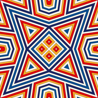 Simetrik geometrik süsleme ile parlak seamless modeli. Renkli arka plan. Etnik ve kabile motifleri.