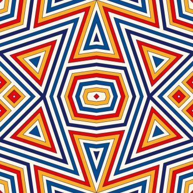 Simetrik geometrik süsleme ile parlak seamless modeli. Renkli arka plan. Etnik ve kabile motifleri.