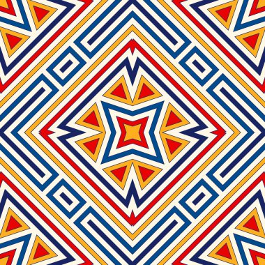 Simetrik geometrik süsleme ile parlak seamless modeli. Renkli arka plan. Etnik ve kabile motifleri.
