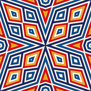 Simetrik geometrik süsleme ile parlak seamless modeli. Renkli arka plan. Etnik ve kabile motifleri.