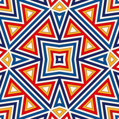 Simetrik geometrik süsleme ile parlak seamless modeli. Renkli arka plan. Etnik ve kabile motifleri.