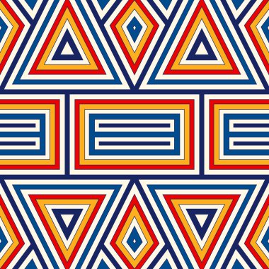 Simetrik geometrik süsleme ile parlak seamless modeli. Renkli arka plan. Etnik ve kabile motifleri.
