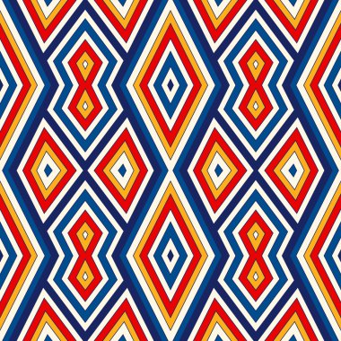 Simetrik geometrik süsleme ile parlak seamless modeli. Renkli arka plan. Etnik ve kabile motifleri.