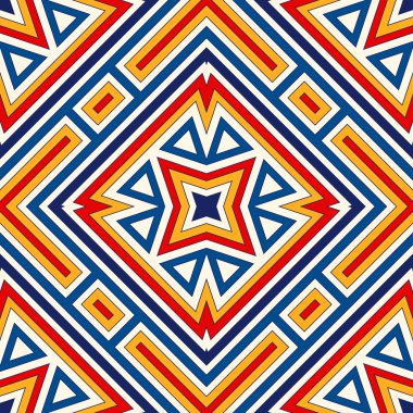 Simetrik geometrik süsleme ile parlak seamless modeli. Renkli arka plan. Etnik ve kabile motifleri.