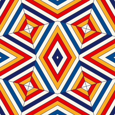 Parlak geometrik soyut arka plan. Kaleydoskop süsü ile dikişsiz desen. Süs canlı duvar kağıdı.