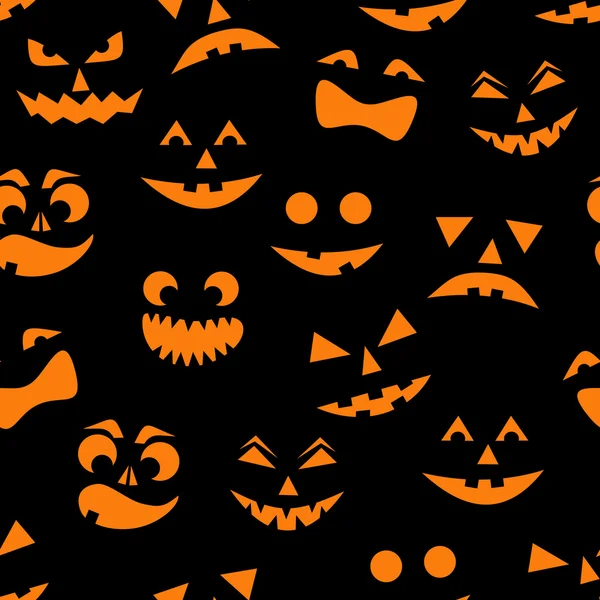 Nahtloses Muster mit orangefarbenen Halloween-Kürbissen geschnitzt Gesichter Silhouetten auf schwarzem Hintergrund. Vektorillustration — Stockvektor