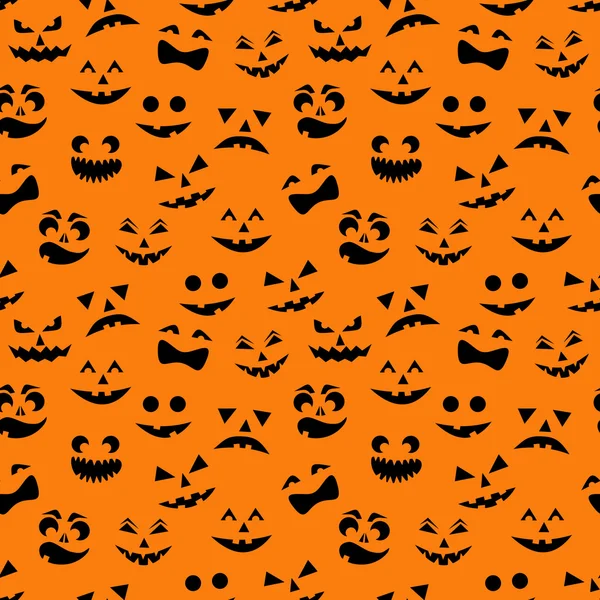 Modello senza cuciture con zucche di Halloween nere scolpite facce sagome su sfondo arancione. Illustrazione vettoriale — Vettoriale Stock