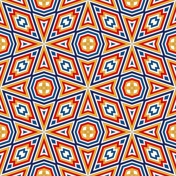 Jasny wzór z symetrycznego ornament geometryczny. Kolorowe tło. Etniczne i plemienne motywy. — Wektor stockowy