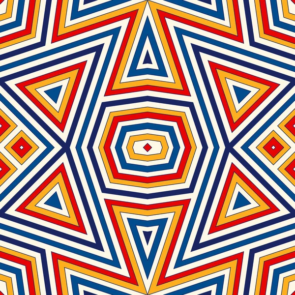 Patrón brillante sin costuras con adorno geométrico simétrico. Fondo abstracto colorido. Motivos étnicos y tribales . — Archivo Imágenes Vectoriales