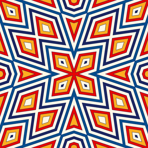 対称の幾何学的な飾りと明るいシームレス パターン。カラフルな抽象的な背景。民族・部族のモチーフ. — ストックベクタ